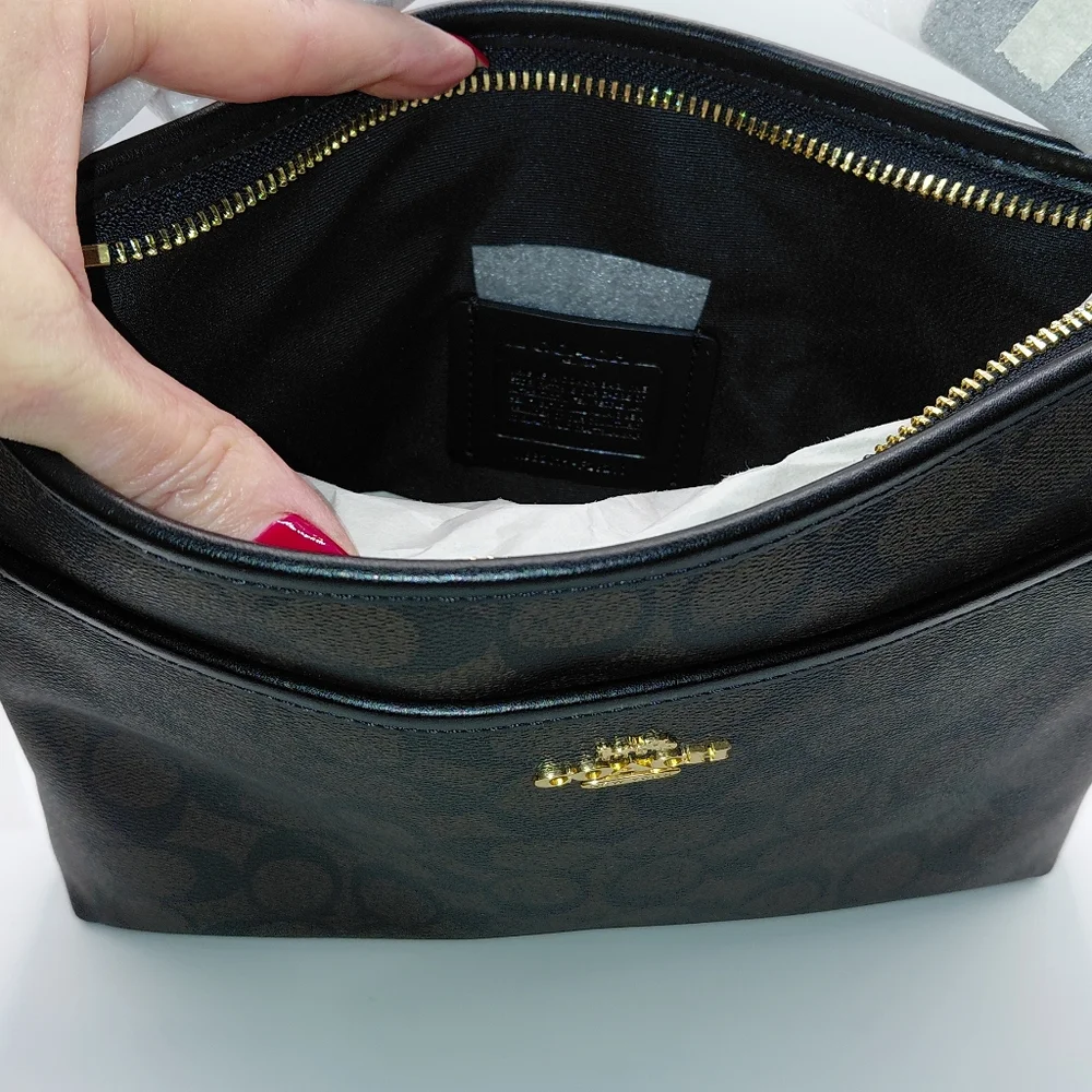 NWT Coach Signature Zip File Xbody Black Brown Coated Canvas F29210